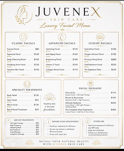Juvenex Skin Care Facial Menu